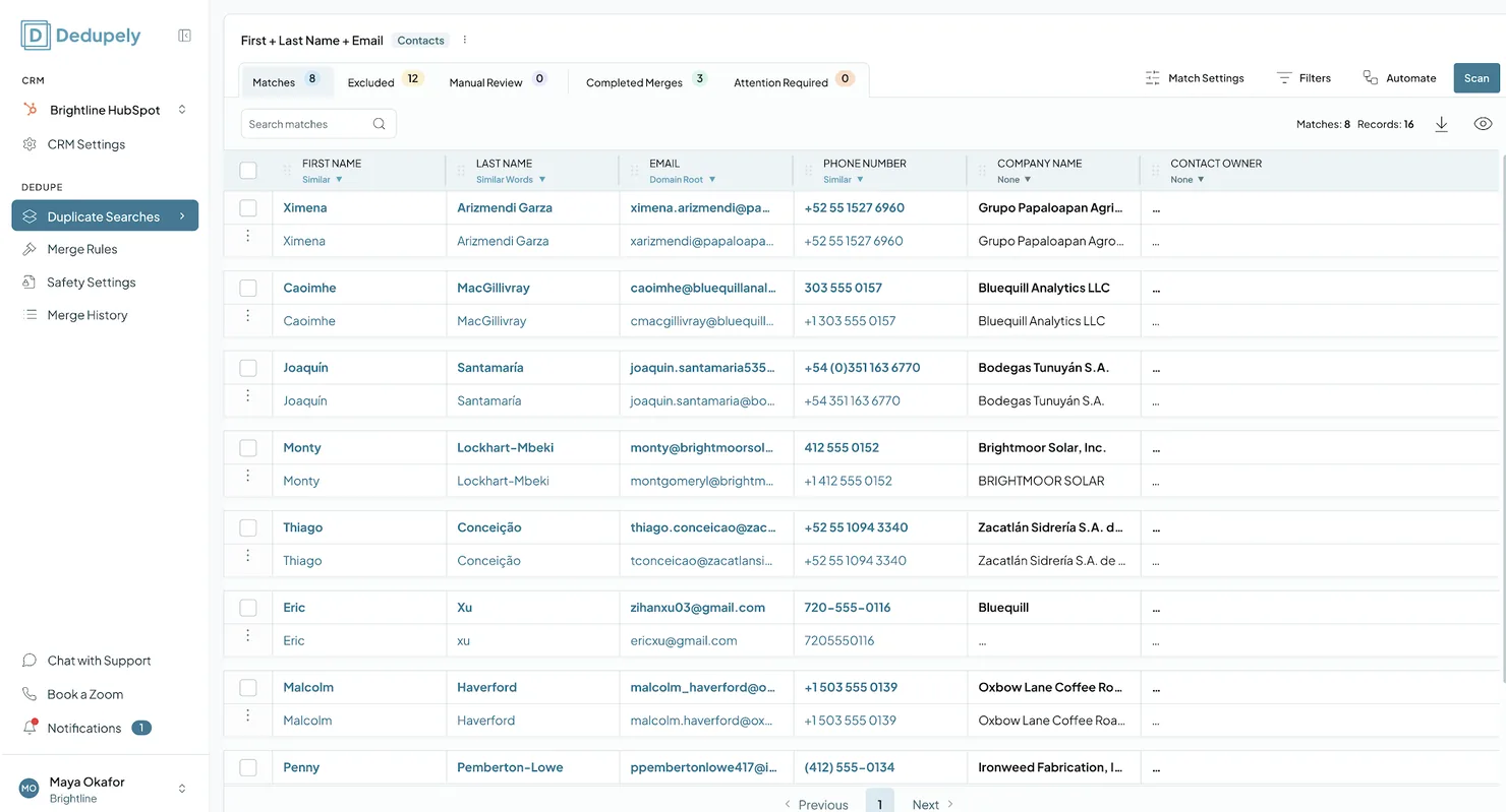 A Duplicate Search's results, with Match Settings, Filters, Visible Fields and Automate in its toolbar
