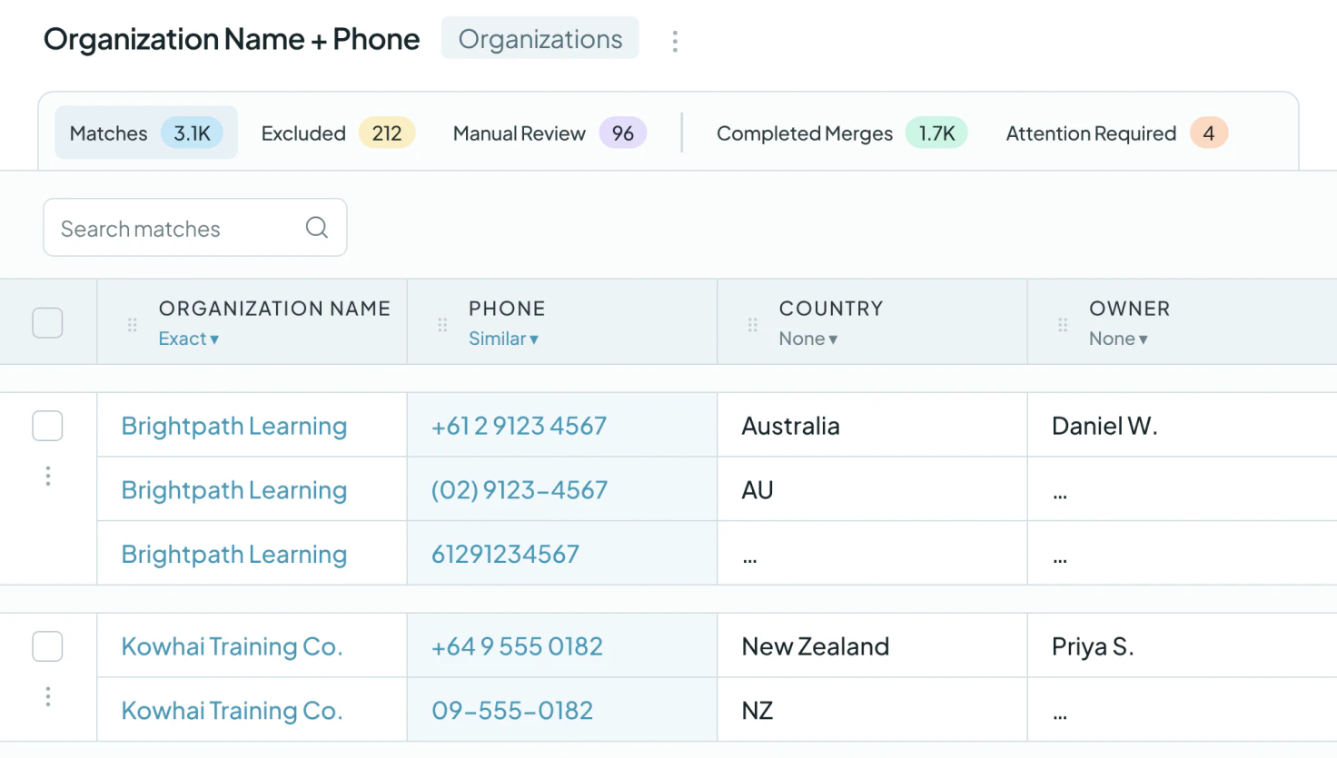 Dedupely Organizations-Suche: Abgleich nach Name und Telefon