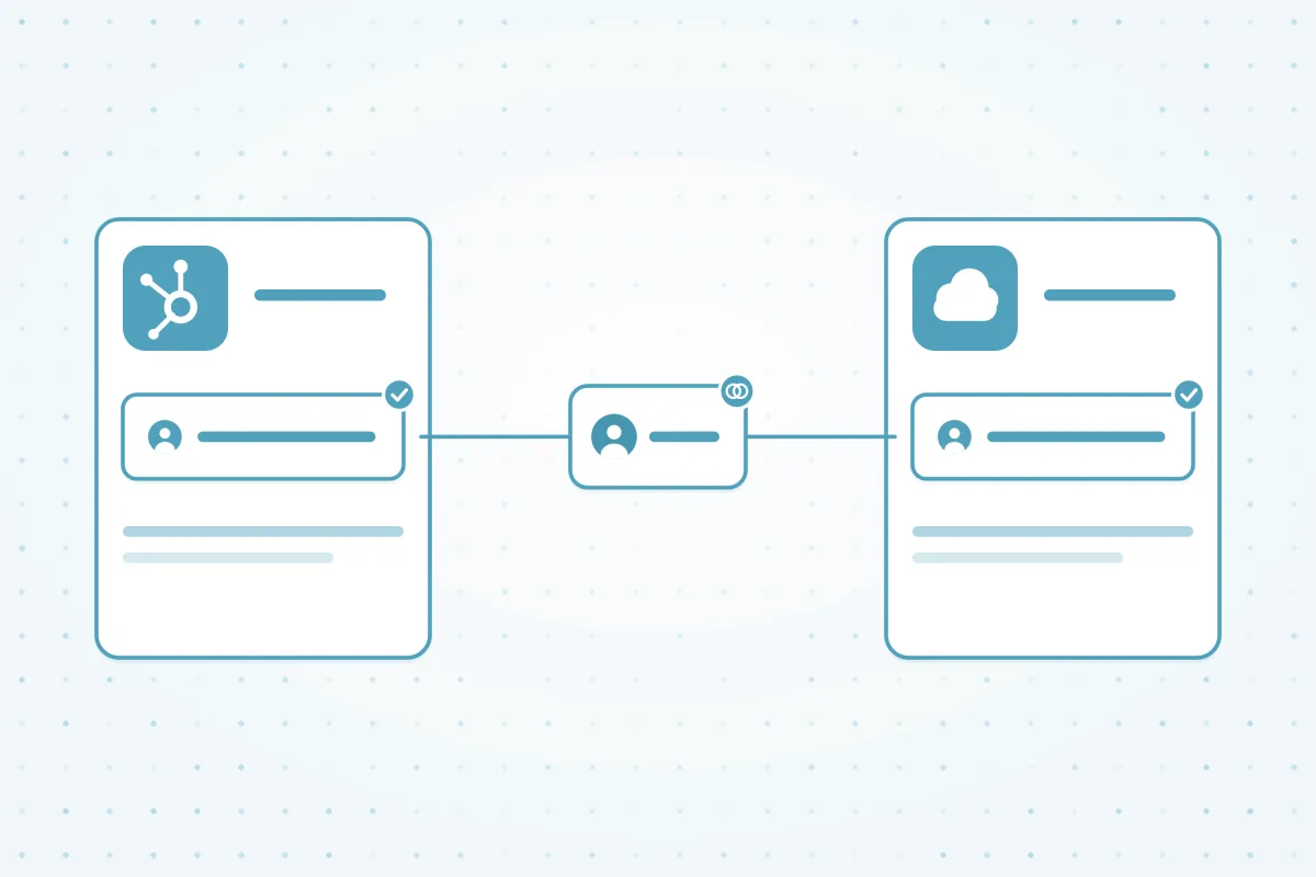 Illustration of one merge updating both HubSpot and Salesforce