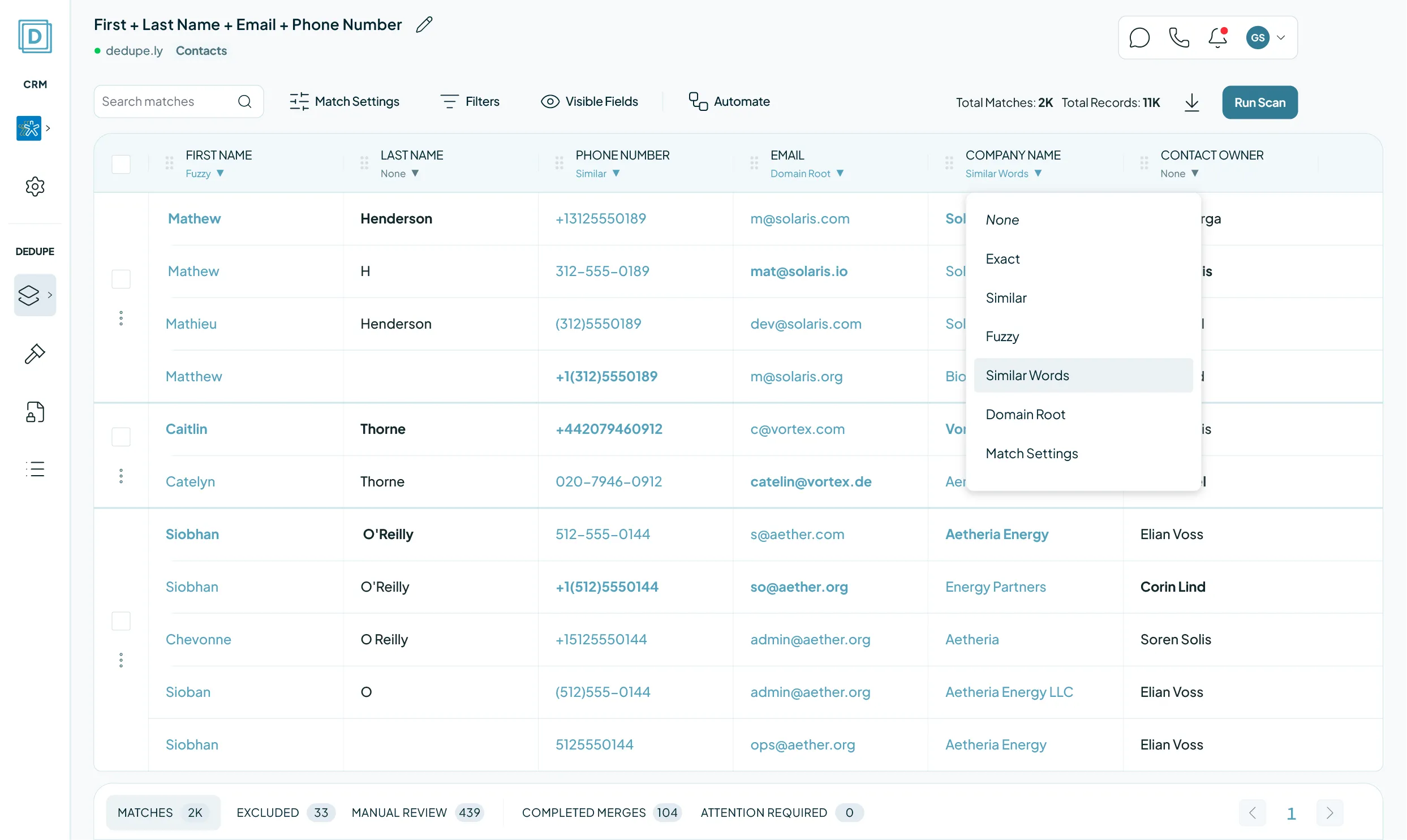 A Duplicate Search on Nimble contacts in Dedupely: rows of near-identical names, phone numbers and emails, with the match option dropdown open on Similar Words.