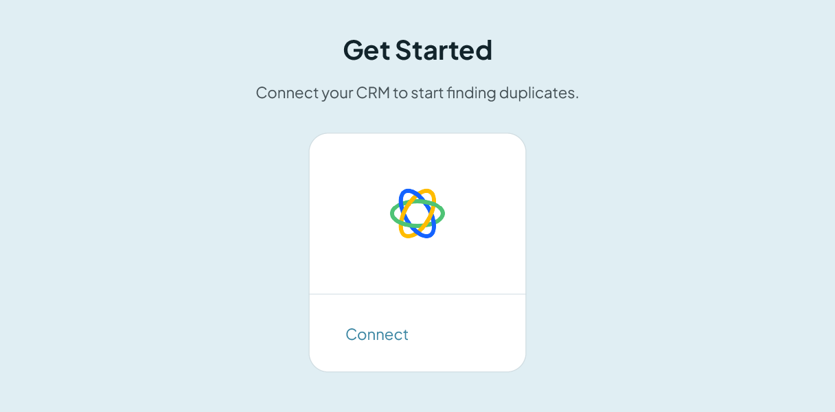The Connect a CRM screen in Dedupely, showing a Close CRM tile with a Connect button.