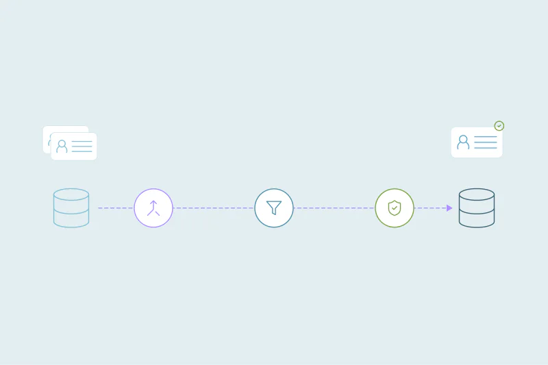 Records moving from one database to another through merge, filter and protect steps