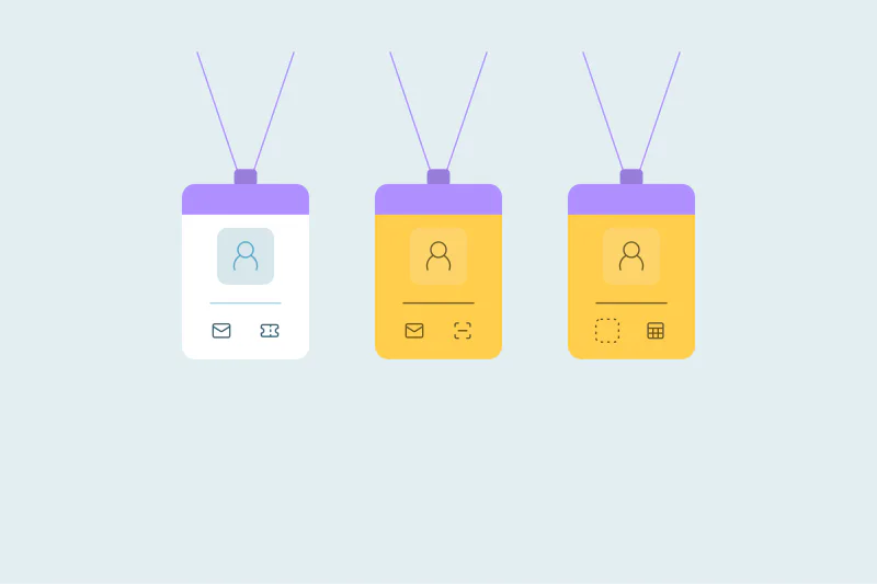 Three event badges for one person, each with slightly different details