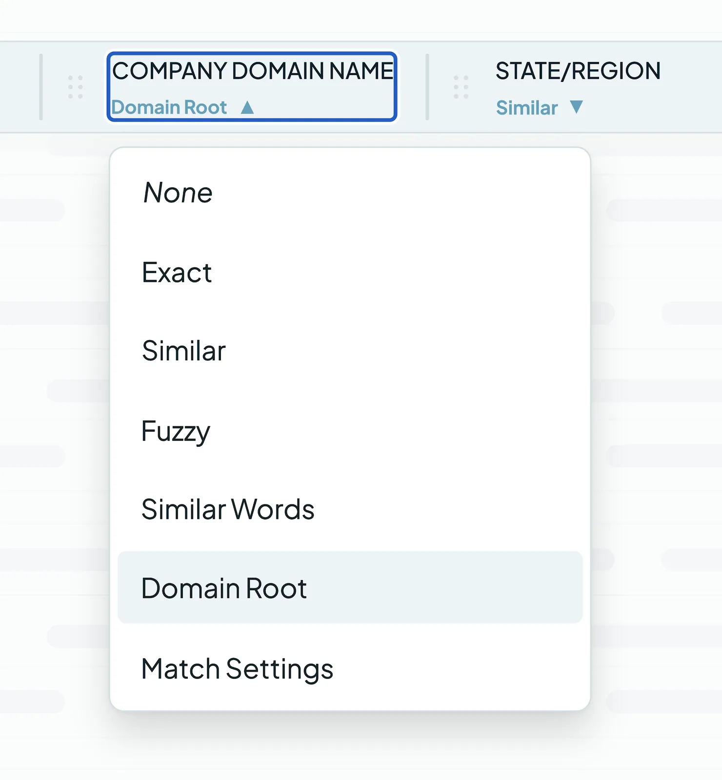 The match option list for Company Domain Name: None, Exact, Similar, Fuzzy, Similar Words, Domain Root and Match Settings
