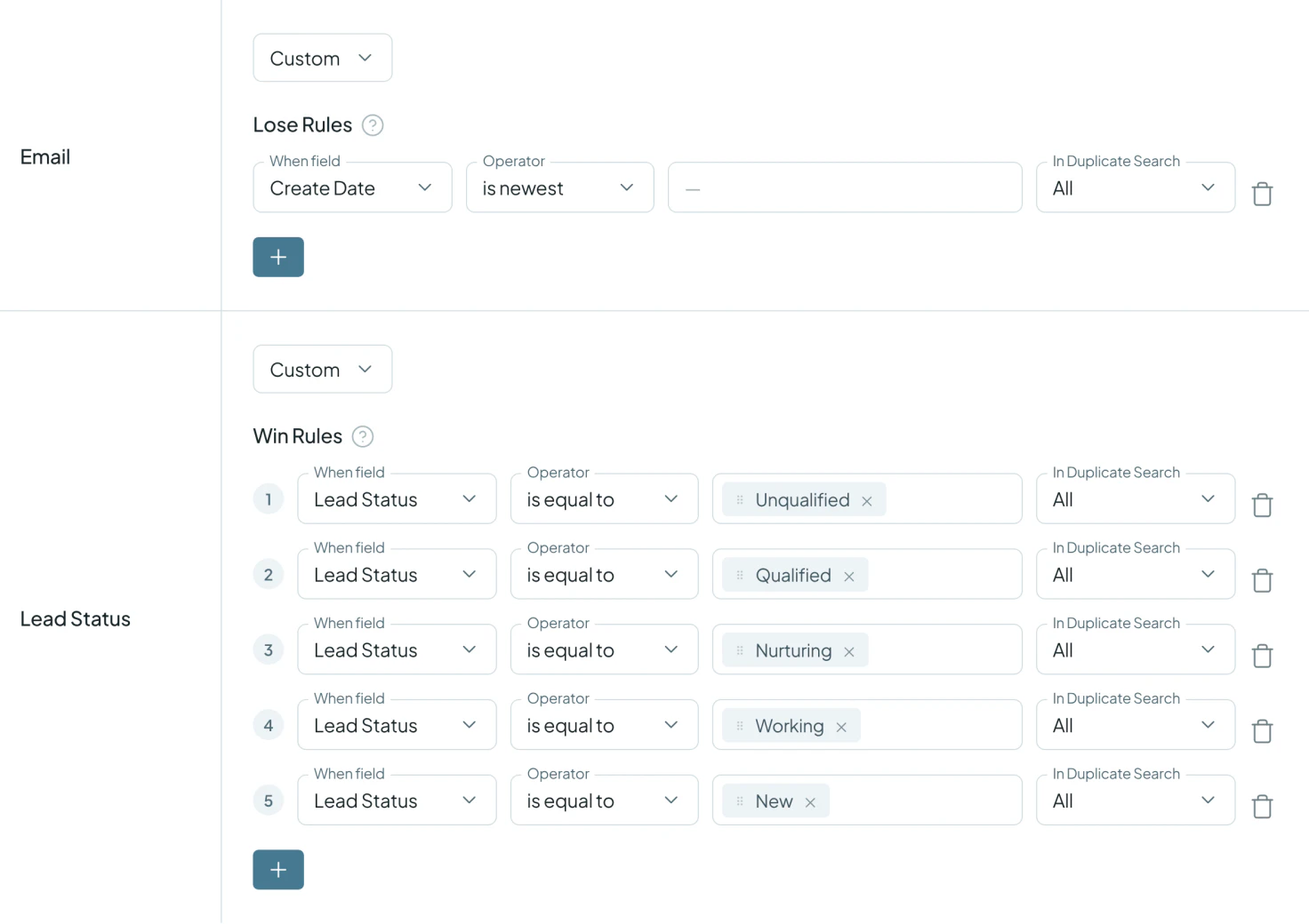 Dedupely Merge Rules with an Email Lose Rule on Create Date and Win Rules on Lead Status