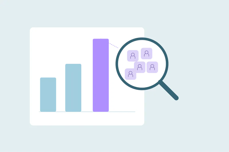 A magnifying glass checking duplicate records behind a bar chart