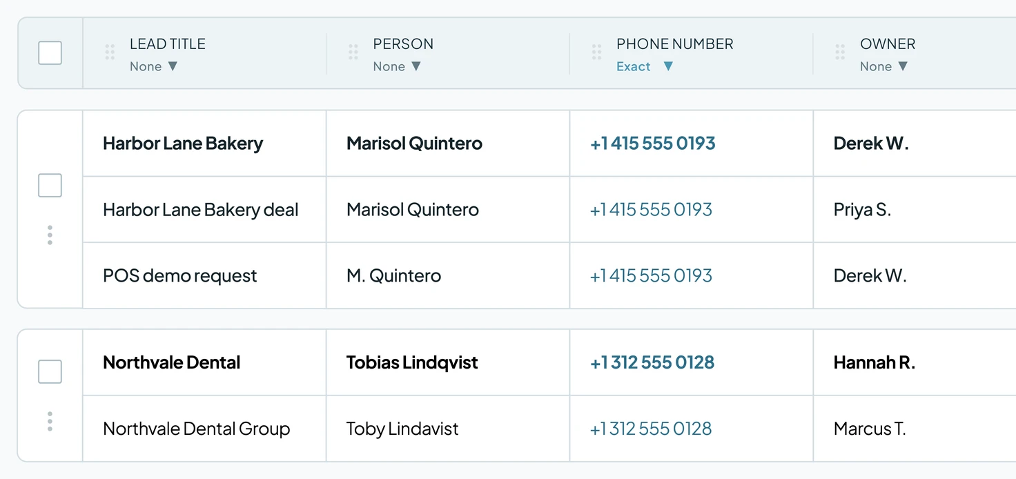 Dedupely Leads search matching on Phone Number with Exact