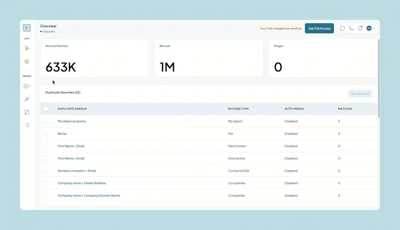 Recording: setting up merging with an active HubSpot and Salesforce sync, from the Overview page.