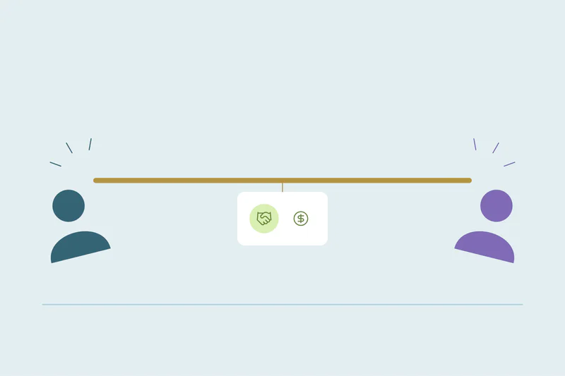 Two salespeople on opposite sides of an ownership balance
