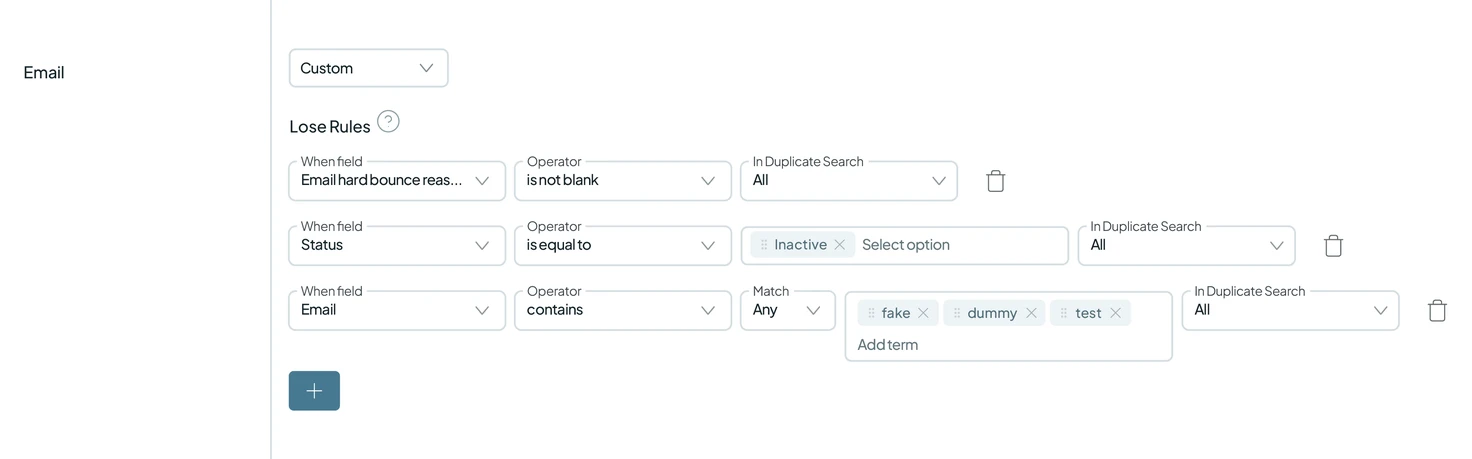 Dedupely Merge Rules que descartan correos rebotados, estados inactivos y direcciones de prueba