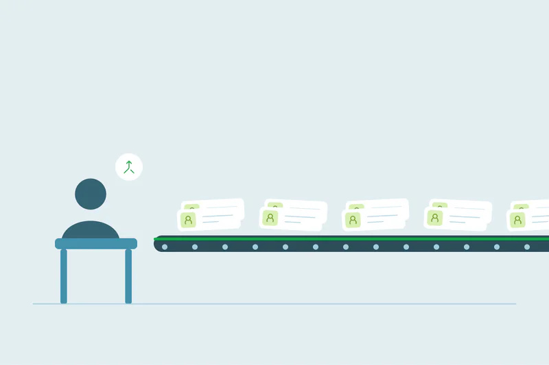An administrator beside a conveyor belt of contact records