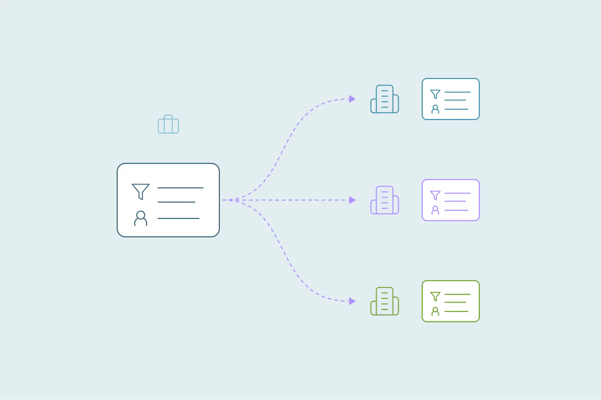 One filtered search branching out to three client companies, each with its own records