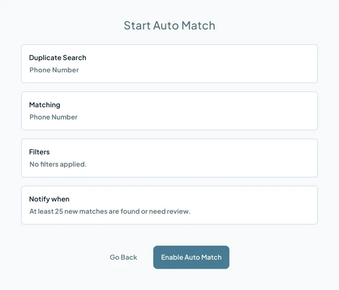 The Start Auto Match summary: the Duplicate Search, its matching fields, its filters and the notification threshold, above an Enable Auto Match button.