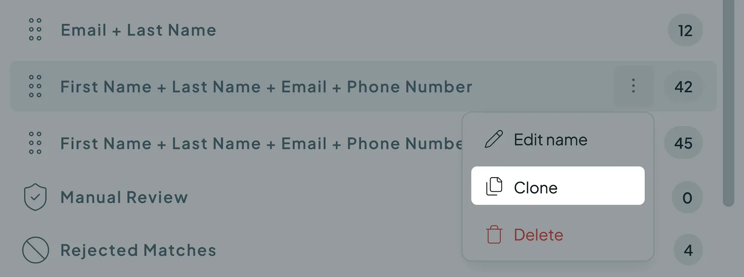 The three-dot menu of a Duplicate Search, with Edit name, Clone and Delete