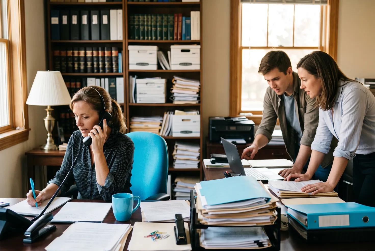 A legal team reviewing case files