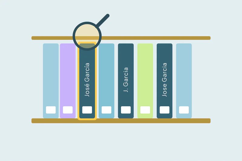 A magnifying glass inspecting labeled files on a law-firm shelf