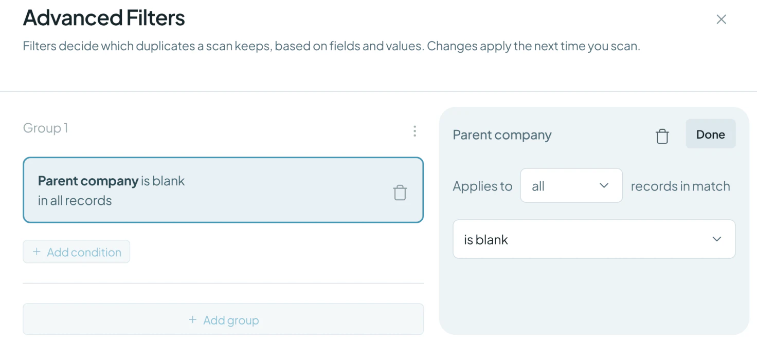 Dedupely Organizations search with the filter Parent company is blank