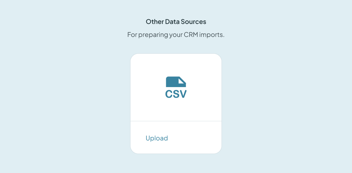 Der Bildschirm „Other Data Sources“ in Dedupely mit einer CSV Kachel und einer Upload-Schaltfläche.