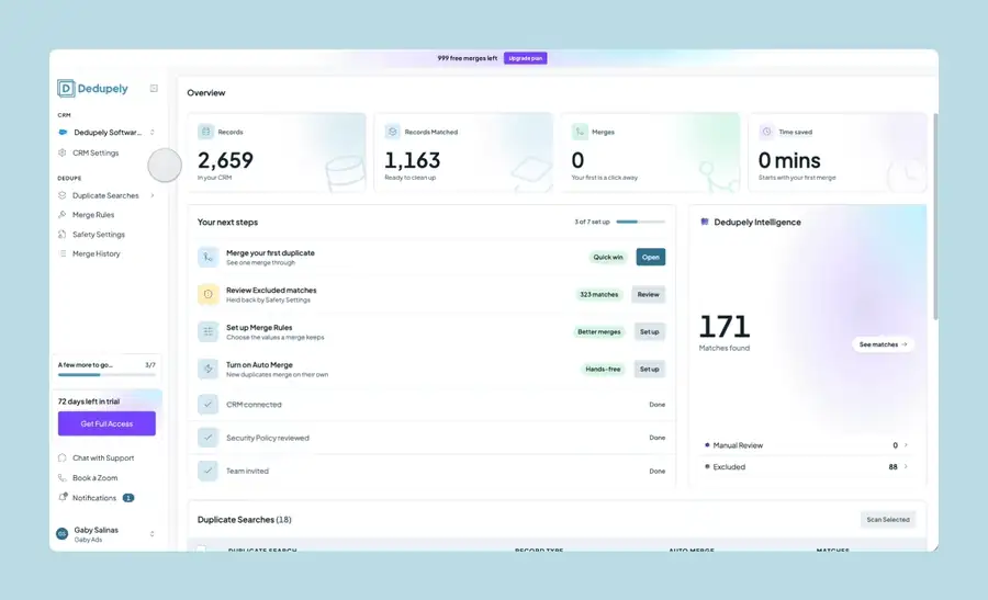 Linking HubSpot and Salesforce in Dedupely, then merging a synced duplicate