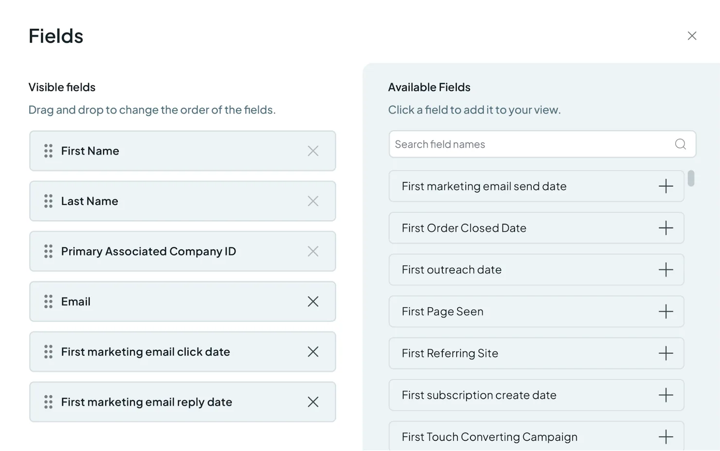The Fields panel: visible fields on the left to drag into order, available CRM fields on the right.