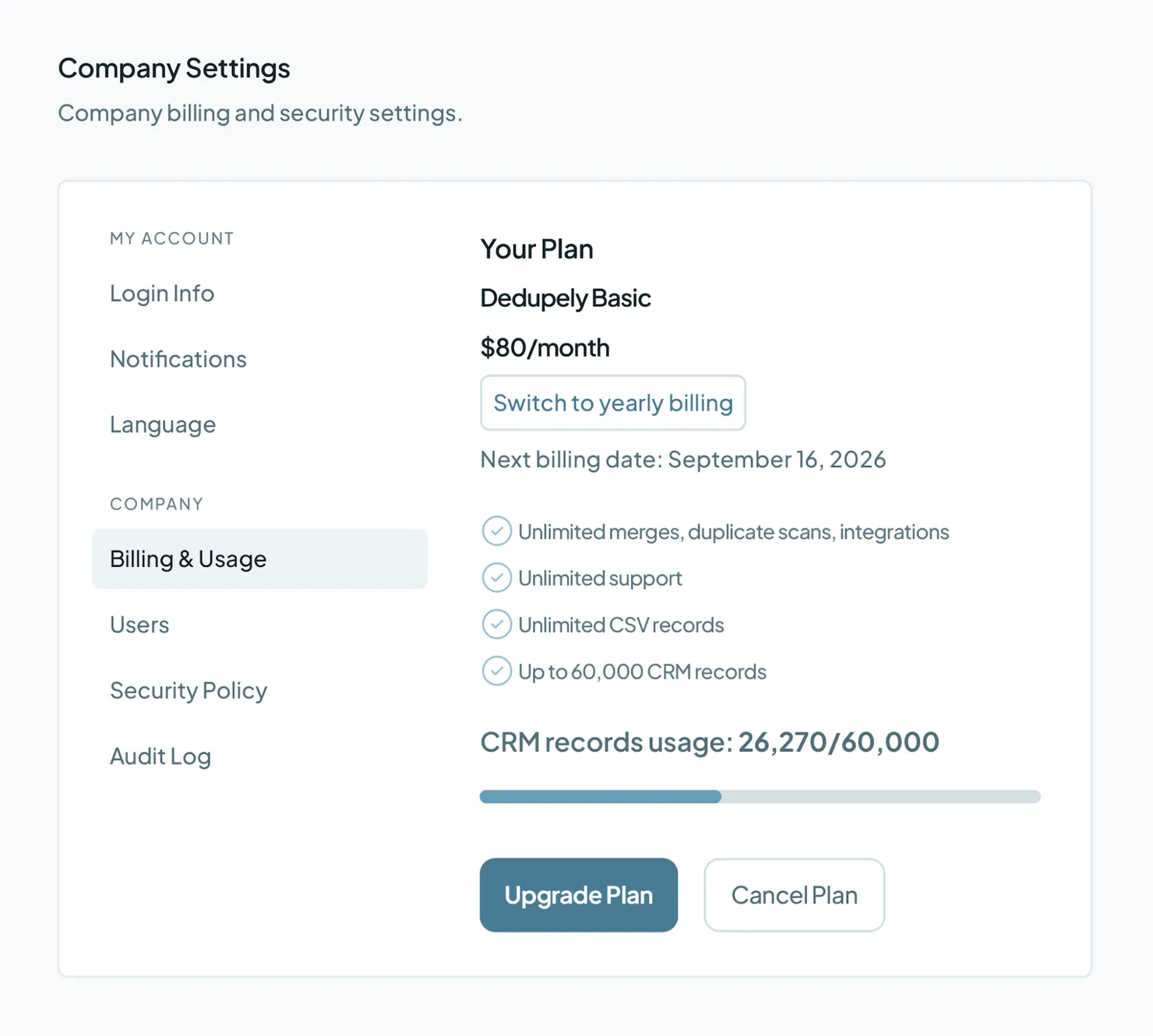 Company Settings on Billing & Usage: the Dedupely Basic plan at $80 a month, its next billing date, what it includes, and a CRM records usage bar reading 26,270 of 60,000.