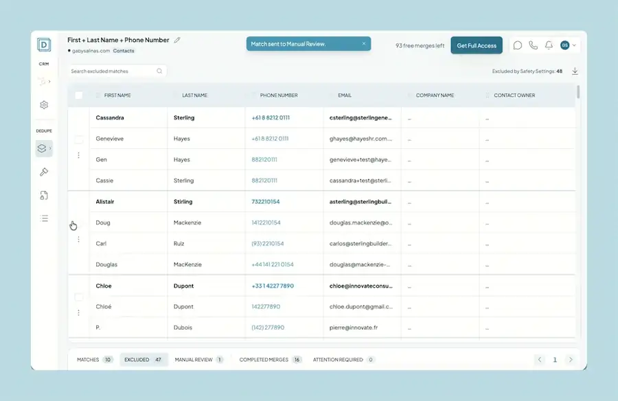 Recording: opening Safety Settings and reviewing the matches Dedupely excluded from a Duplicate Search.