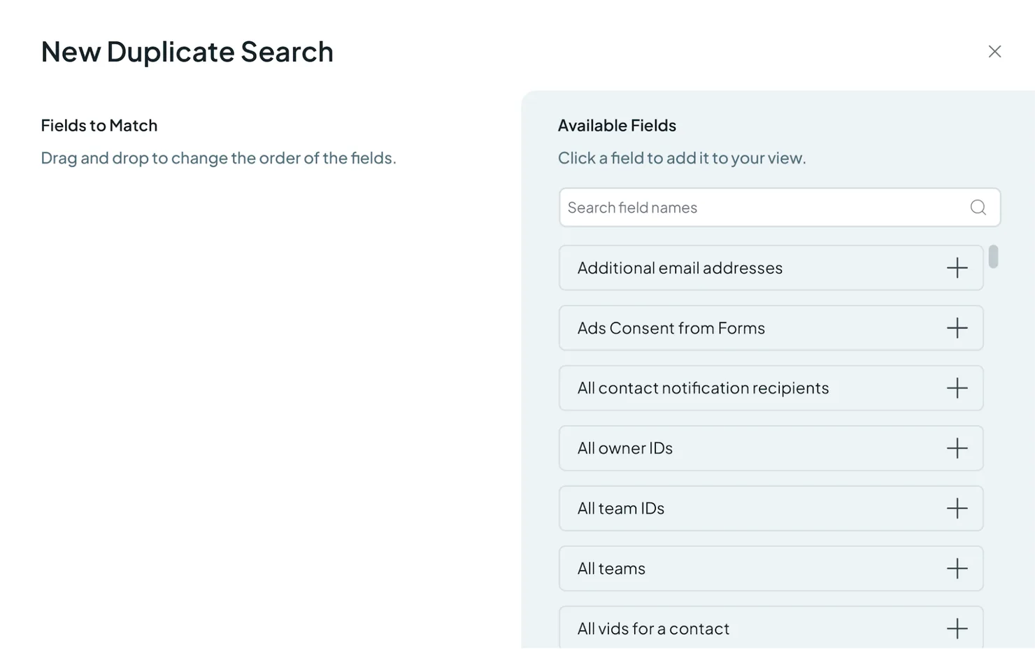 The New Duplicate Search panel: Fields to Match on the left, and a searchable list of available CRM fields on the right.