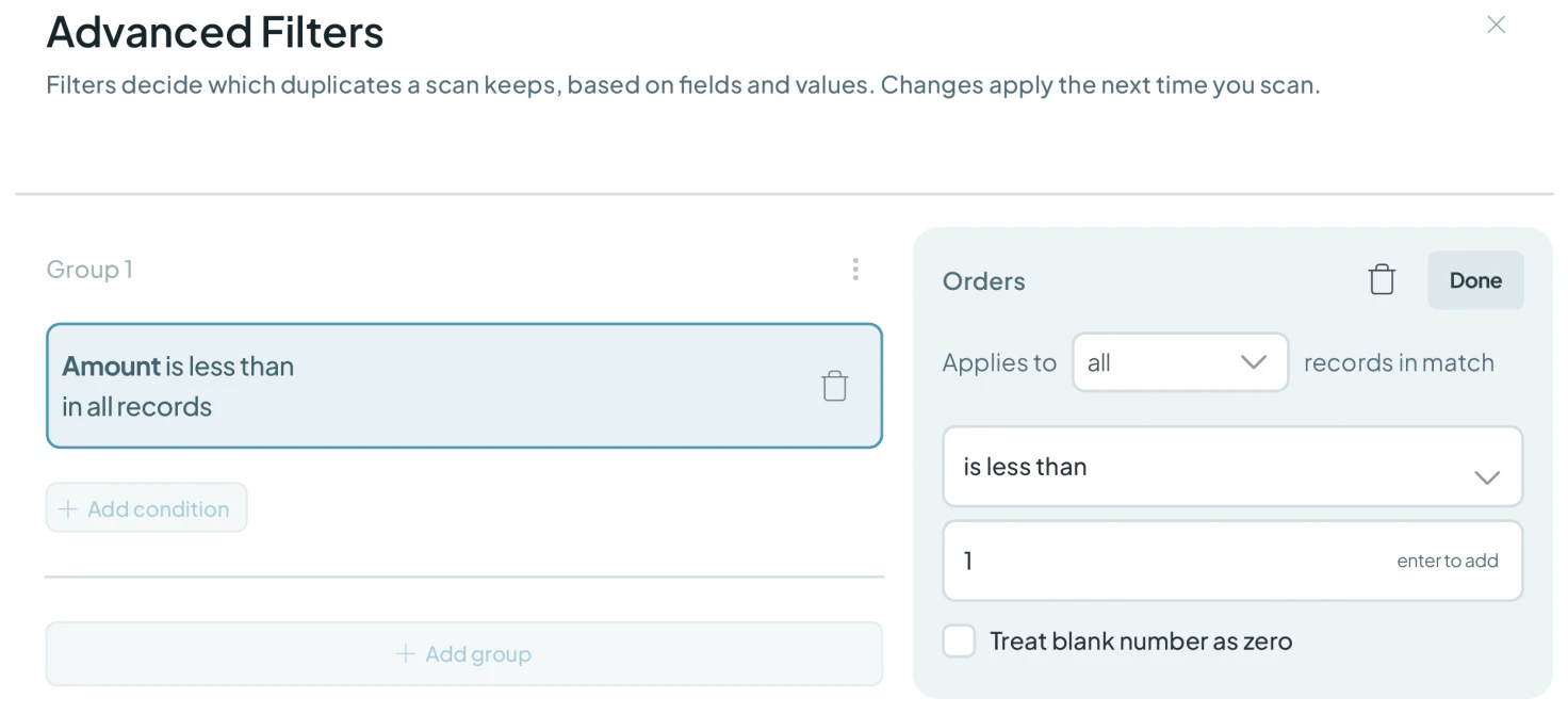 Dedupely Duplicate Search with a filter for accounts with no orders