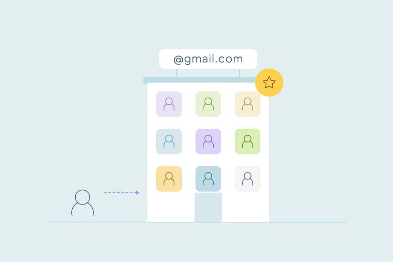 A person heading to a building of contact records under a gmail.com sign