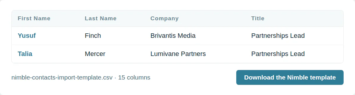 The Nimble import template: First Name, Last Name, Company, Title and 11 more columns, with invented example rows and a download button.