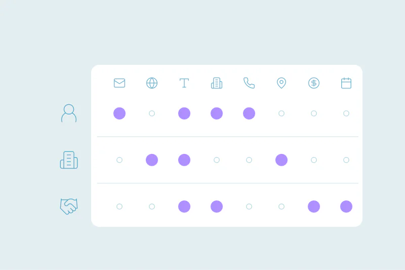 A grid of fields for contacts, companies and deals, with the matched fields filled in