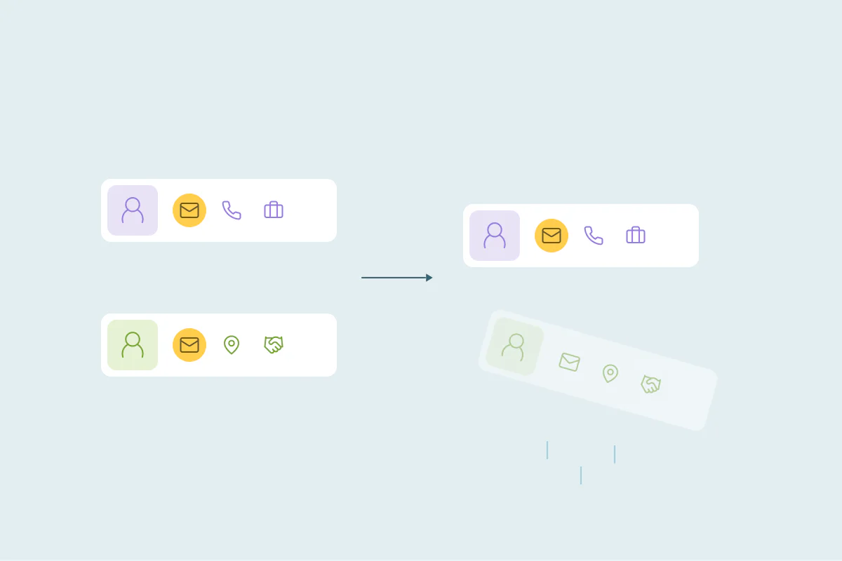Two contact cards that share an email, with one held back from merging