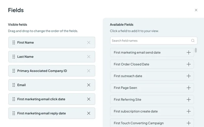 The Fields dialog: the visible fields on the left, the searchable list of CRM fields on the right.