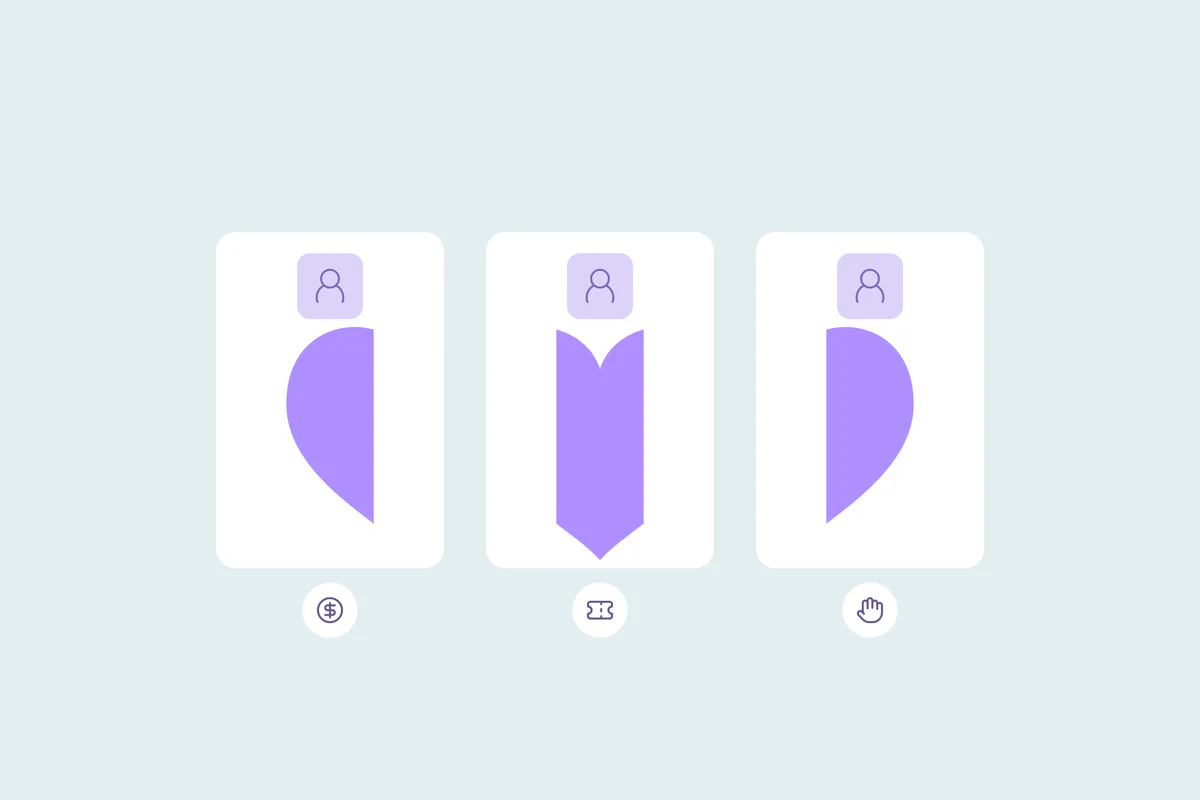 A supporter profile split across three cards with a heart