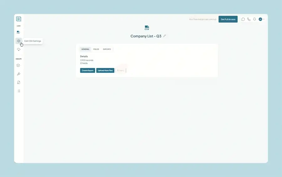 Aufnahme: Edit CSV Settings über das Zahnradsymbol öffnen, dann Upload More Files im Tab General.