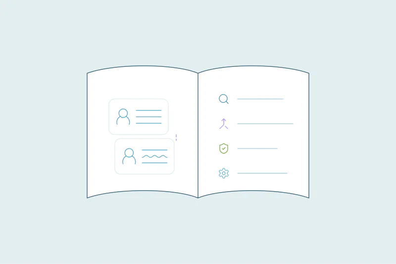 An open guide with two contact records on one page and search, merge, protect and settings steps on the other