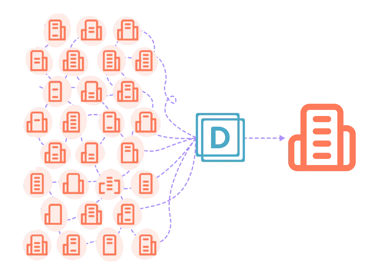 Decenas de iconos de empresa difuminados convergen en el logotipo de Dedupely y salen como un único registro de empresa sólido.