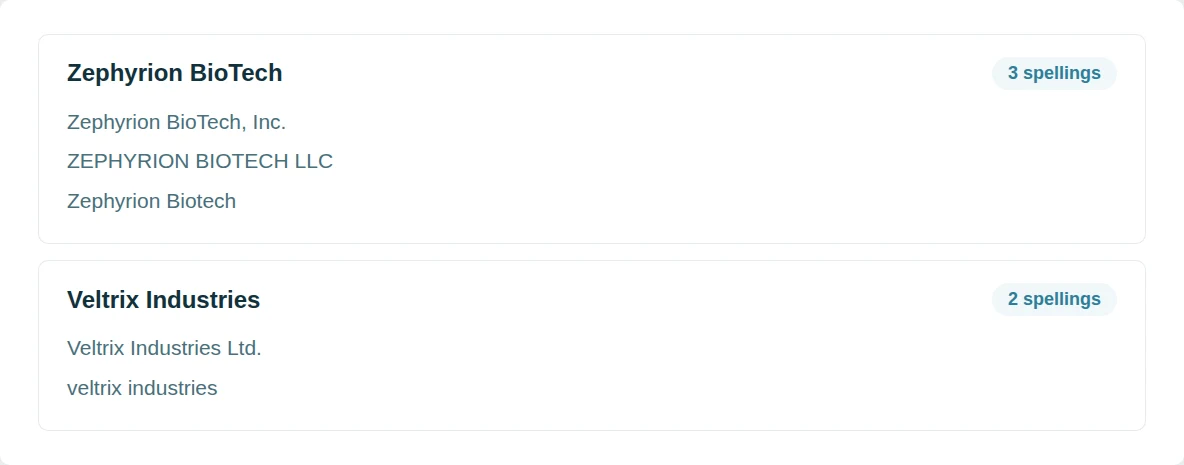 Two company groups, each listing the spellings that belong to it.