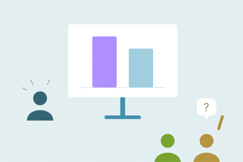 Two people reviewing a CRM report on a presentation screen