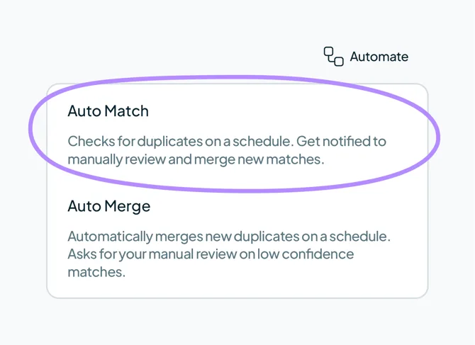 The Automate menu, with Auto Match circled above Auto Merge.