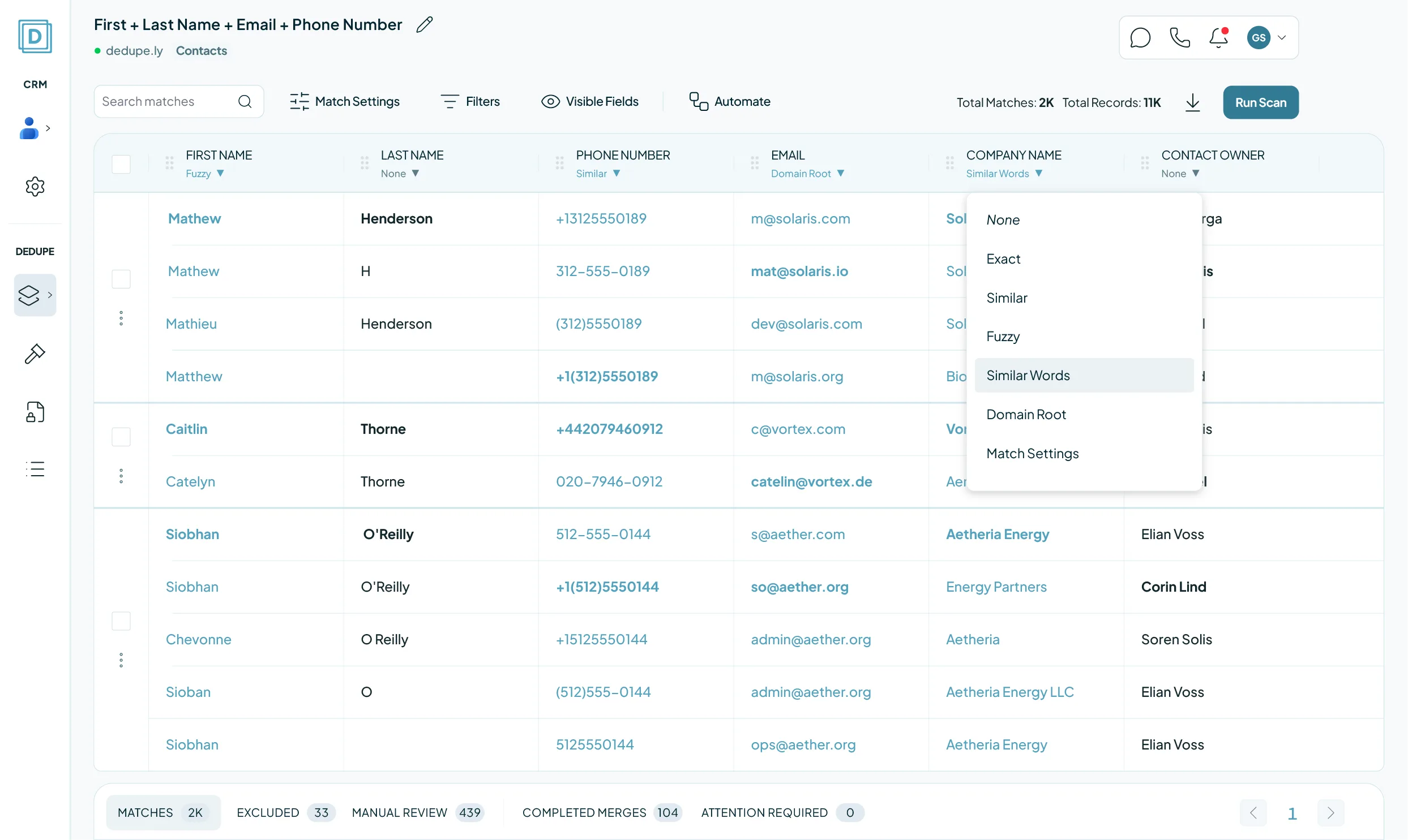 A Duplicate Search on Google Contacts in Dedupely: rows of near-identical names, phone numbers and emails, with the match option dropdown open on Similar Words.