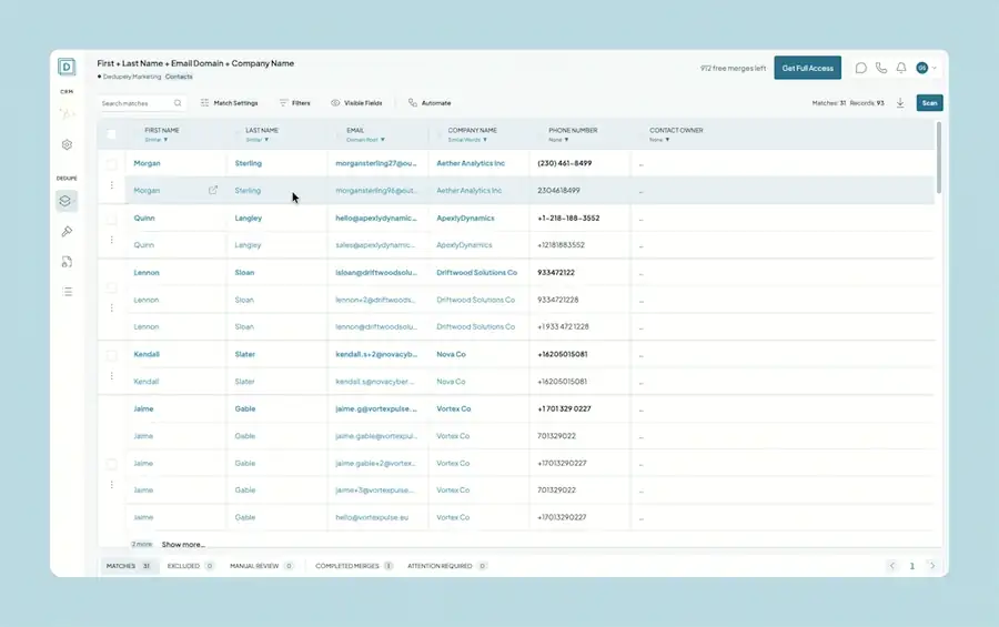 Recording: opening the Filters menu at the top of a Duplicate Search and adding a filter.