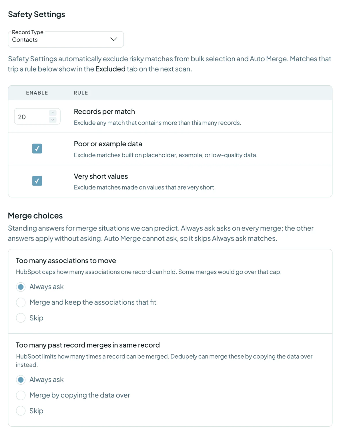 Safety Settings in Dedupely: records per match set to 20, poor or example data and very short values turned on, and the HubSpot merge choices set to Always ask.