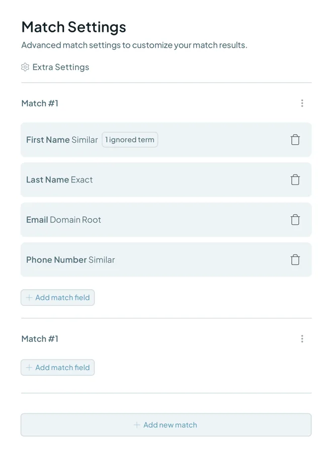 The Match Settings panel, with one match built from First Name, Last Name, Email and Phone Number, each on its own match type.