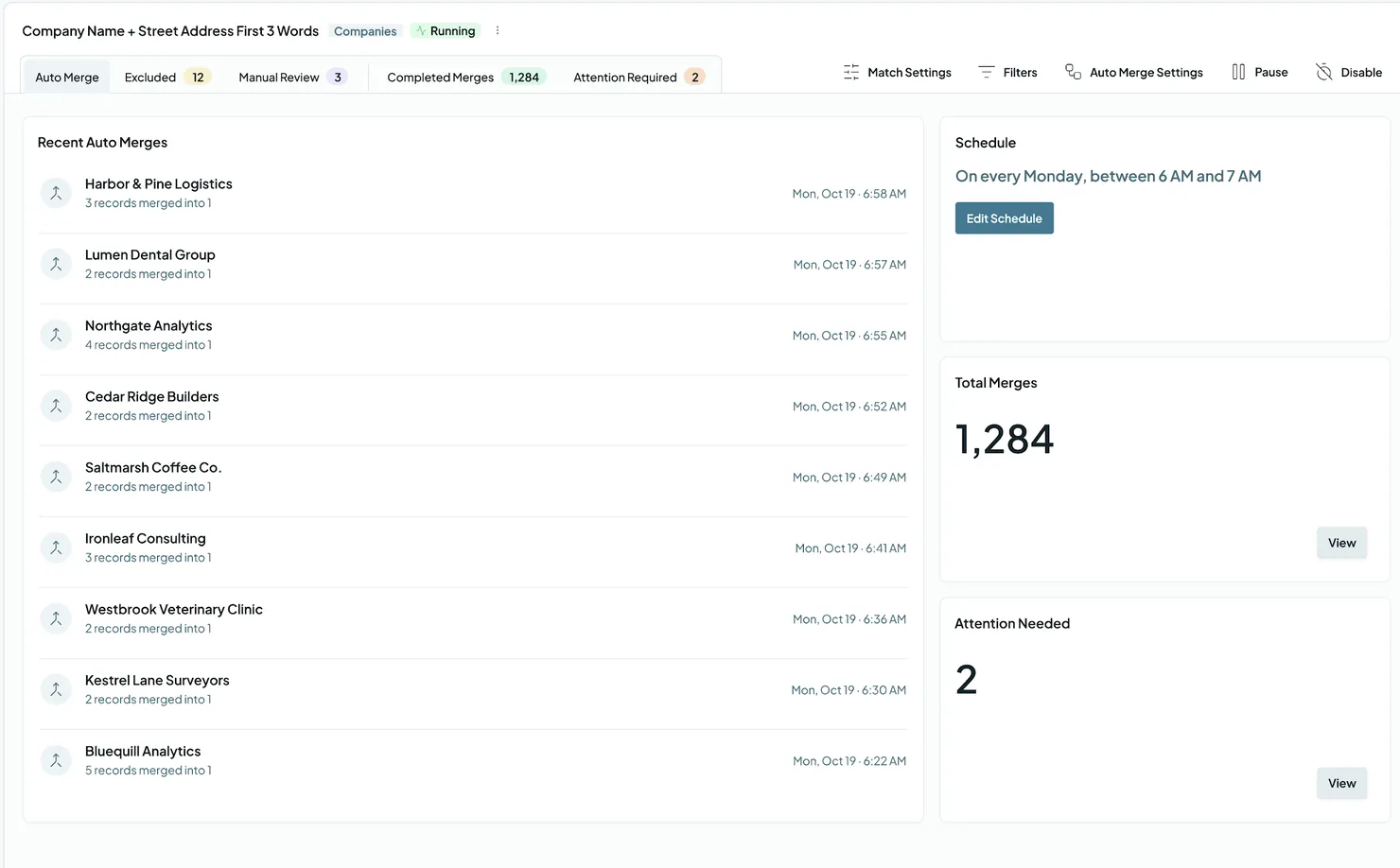 The Auto Merge dashboard of a running search: Recent Auto Merges, Schedule, Total Merges and Attention Needed