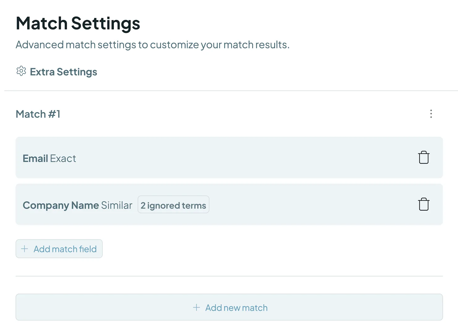 Match Settings with Email set to Exact and Company Name set to Similar, with 2 ignored terms