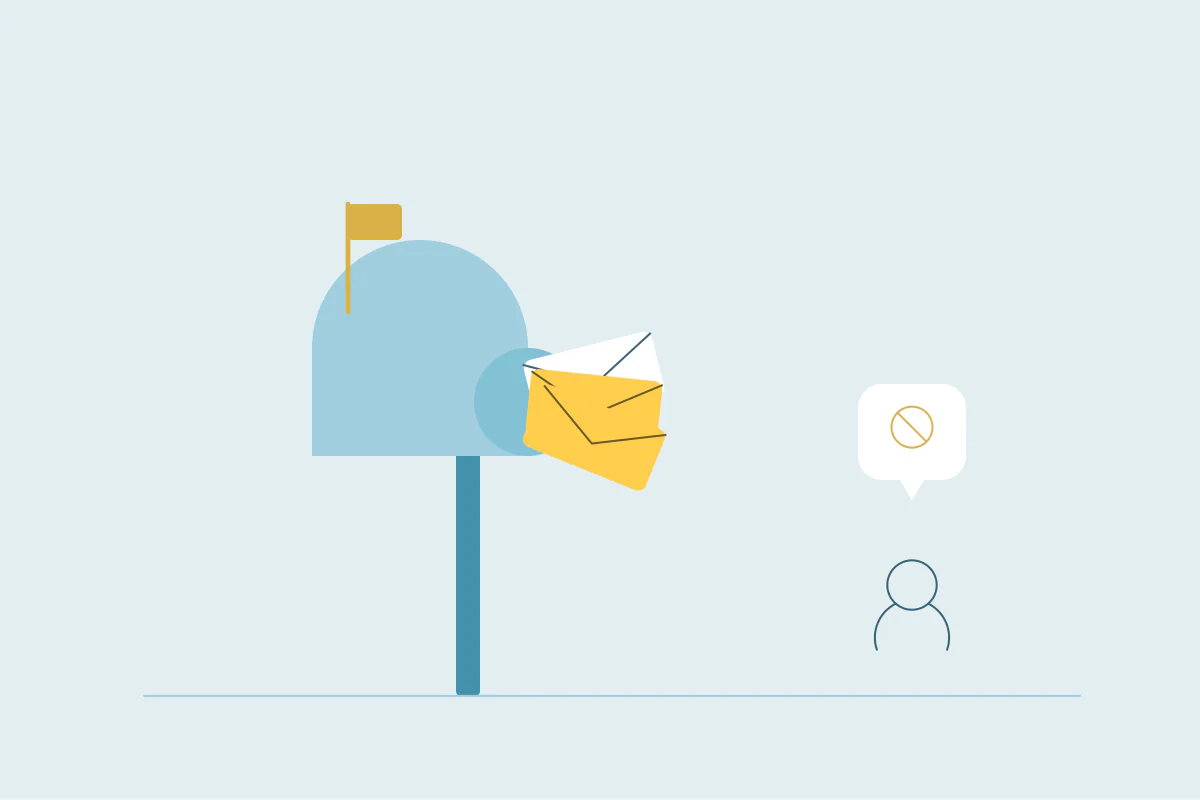 A mailbox full of form submissions next to a person with a blocked sign