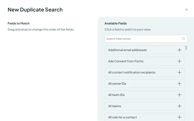 The New Duplicate Search dialog: the fields to match on the left, the searchable list of CRM fields on the right.