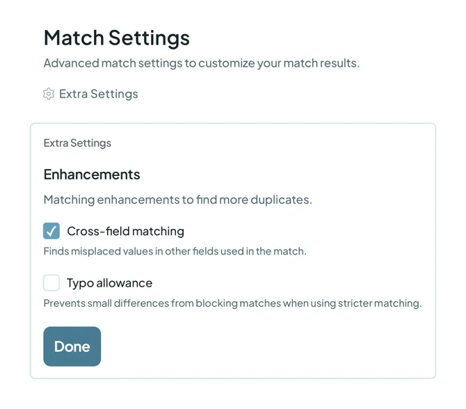 Extra Settings under Match Settings, with cross-field matching enabled and typo allowance unchecked.