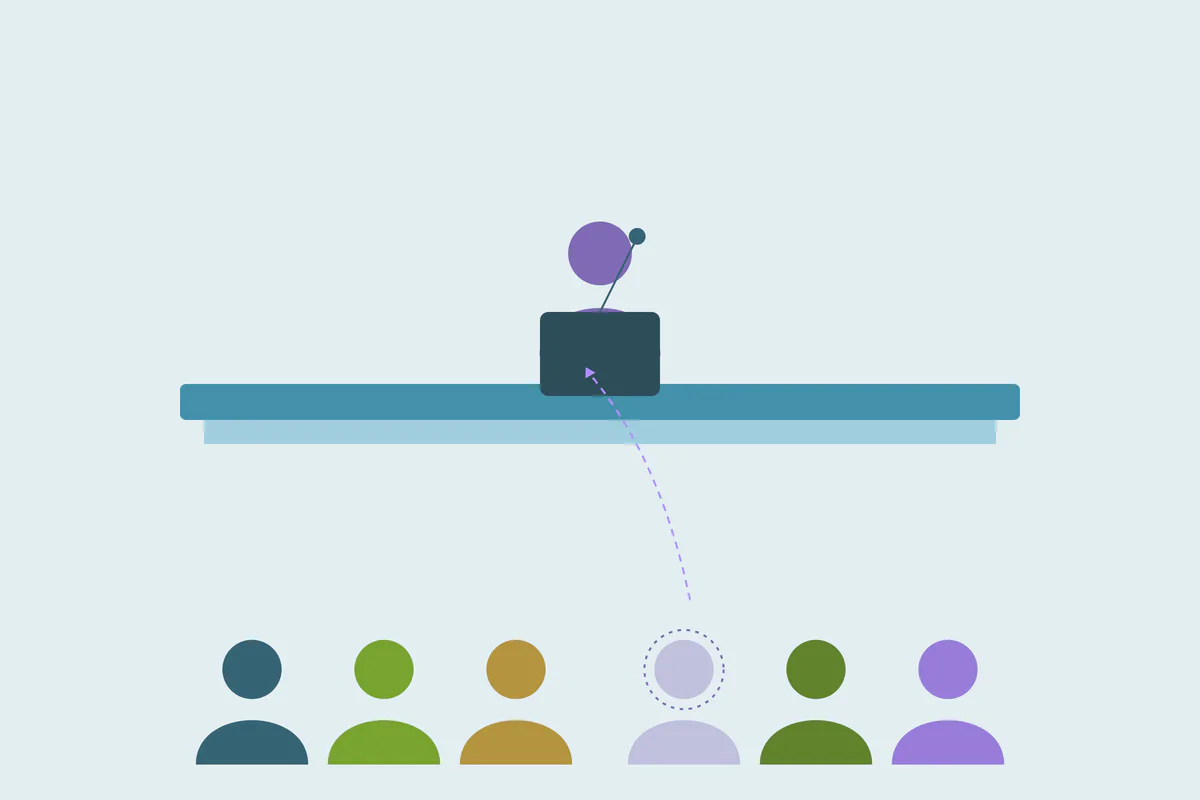 An event presenter above an audience of returning attendees